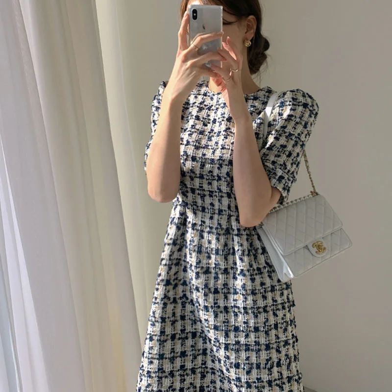 

Retro Fashion Slim Waist Chic Summer Lady Light Mature O Neck Waist Slim Puff Short Sleeve A-Line Plaid Tweed Mini Dress Women