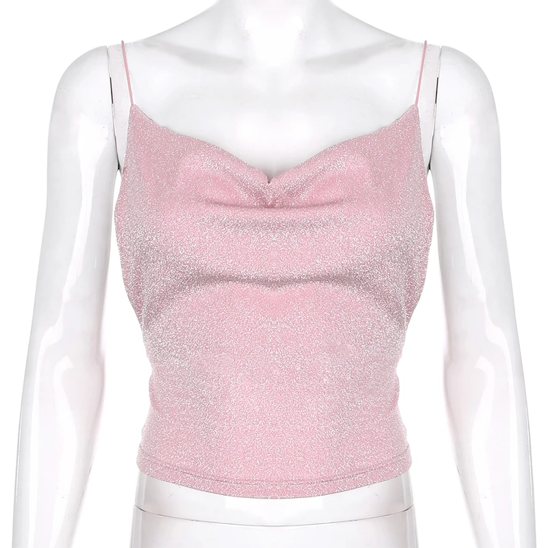 

Spaghetti Straps female T-shirt Glitter backless tops loose spring 2020 simple women tee chrismas party outfits