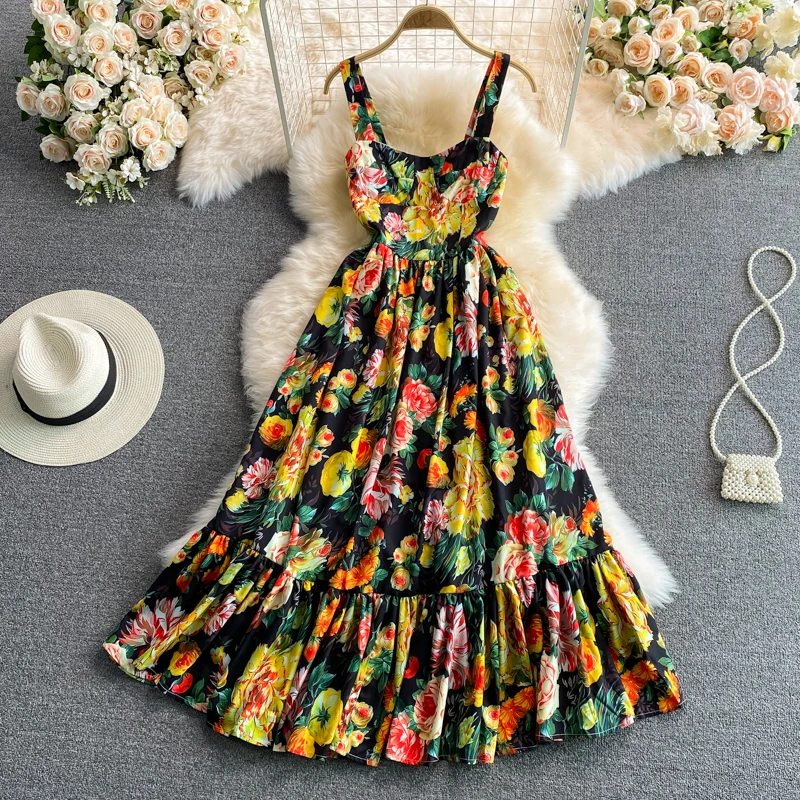 

Banulin Runway Summer Spaghetti Strap Long Dress Women's Sexy Cool Off Shoulder Florl Print Blackless Ruffles Beach Dress B79104