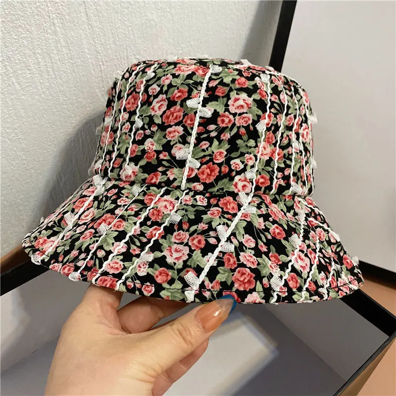 Korean Fashion Flowers Bucket Hat Cute Girl Bob Hip Hop Gorros Summer Panama Cap   Beach Sun Fishing Boonie Hat Designer Bonnets