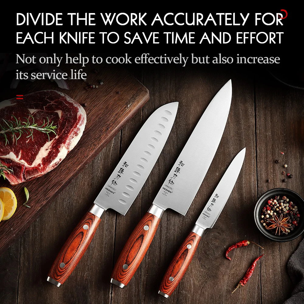 HEZHEN Basic Series 1-3 шт набор ножей Chef Santoku Utility из нержавеющей стали Pakka кухонный