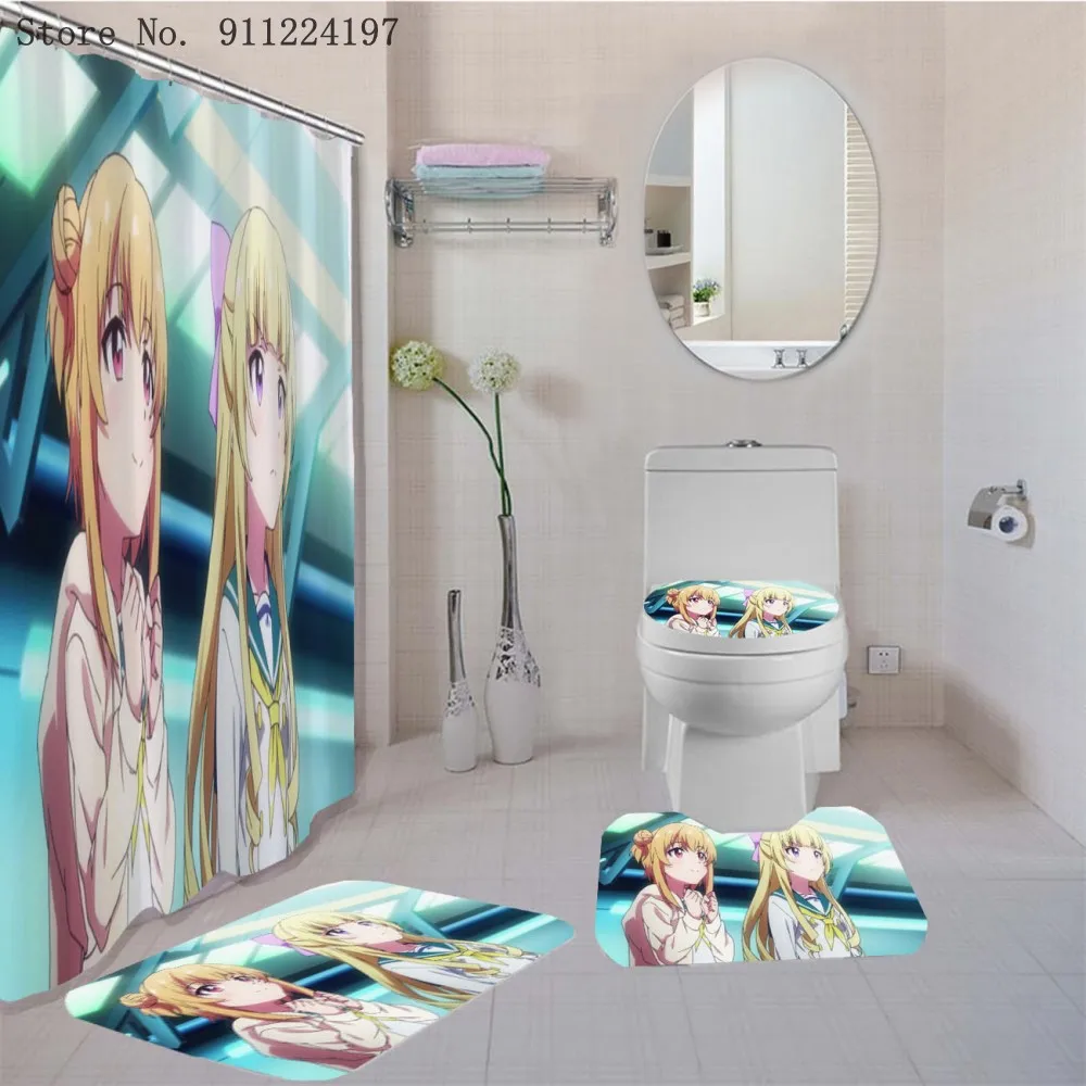 Japan Anime 4 Pieces Shower Curtain Sets With Bath Rug Toilet Cover Non-slip Floor Mat Waterproof Bath Curtain Bathroom Decor enlarge