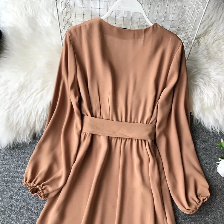 ALPHALMODA осеннее офисное женское платье с длинными рукавами и поясом, новое повседневное шифоновое платье с высокой талией и v-образным вырезом, однотонное женское платье до середины икры