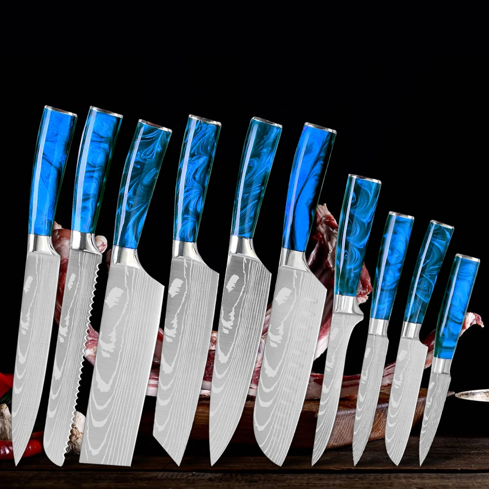 

XYj 10pcs Knife Set Stainless Steel Laser Damascus Pattern Blade Knives Set Japanese Chef Knifes Slicing Nakiri Santoku Knives