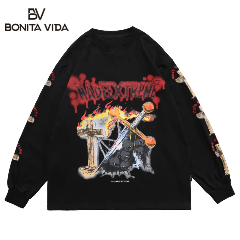 

Bonita вида в стиле хип-хоп свободные футболки уличная огонь Крест Меч футболки с черепами в стиле Харадзюку в стиле «панк-рок» топы с длинными ...