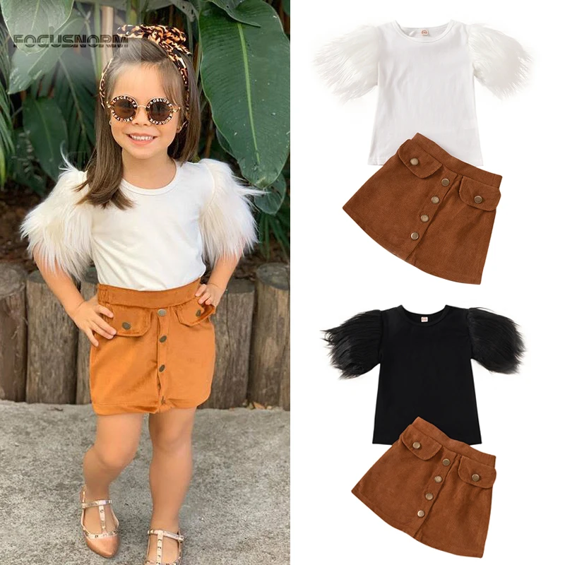

2-8Y Fashion Infant Girls Clothes Sets Fur Short Sleeve Solid T Shirts Tops Button A-Line Skirts