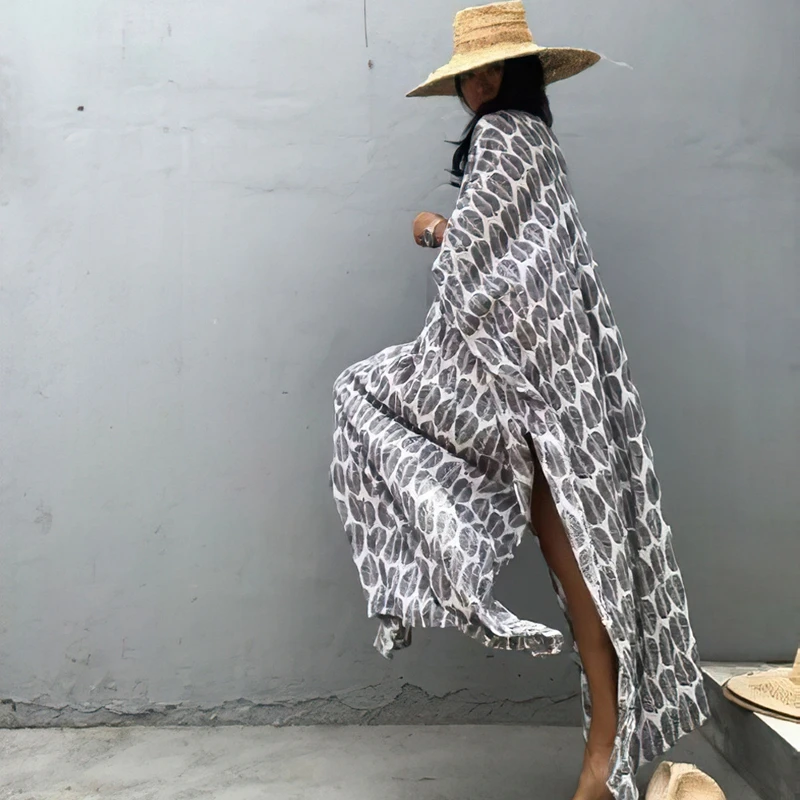 Женское платье-кафтан длинное пляжное платье в стиле бохо с принтом листьев |