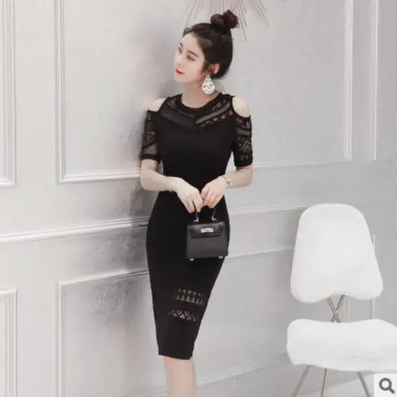 Летнее Кружевное облегающее платье с коротким рукавом открытыми плечами женское