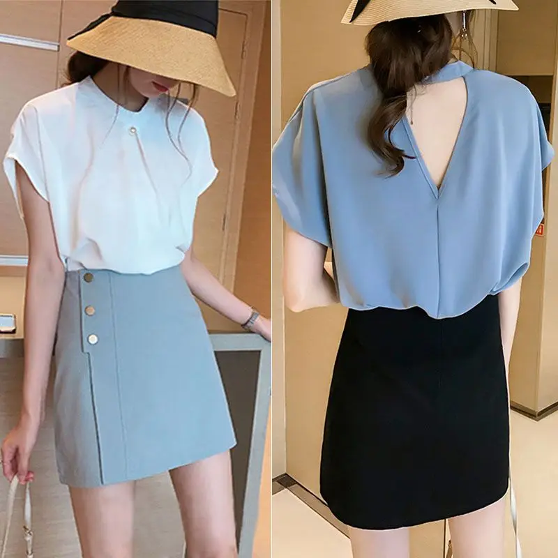 Женская рубашка большого размера с коротким рукавом жемчужная круглым вырезом