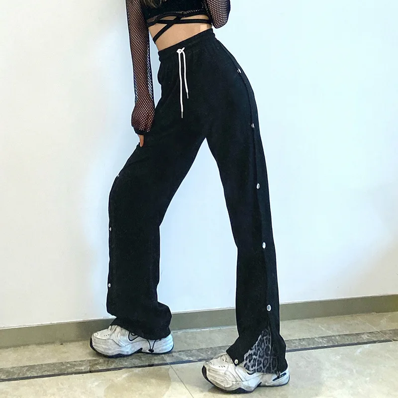 Spring women's features split leopard print stitching four-button elastic high waist tie casual pants trousers