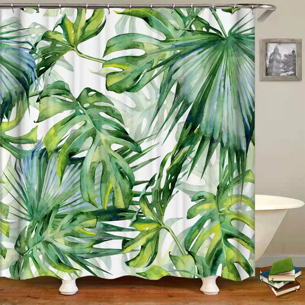 tropical plants leaves shower curtains set 3d spring flowers butterfly leaf watercolor art polyester fabric bathroom decor hooks free global shipping