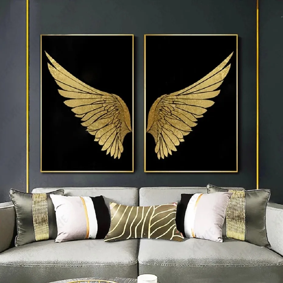 

Golden Feather Wings Canvas Painting Abstract Modern Wallpaper Poster Art Craft Home Living Room Decoration Print Picture