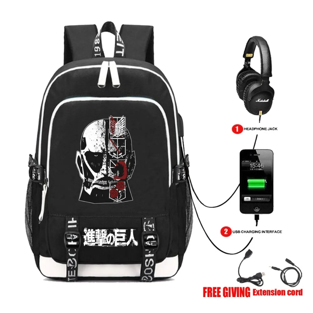 

Attack on Titans backpack cosplay packsack student Schoolbag USB charging Headphone jack Teenagers men Shoulder Bag 12 style