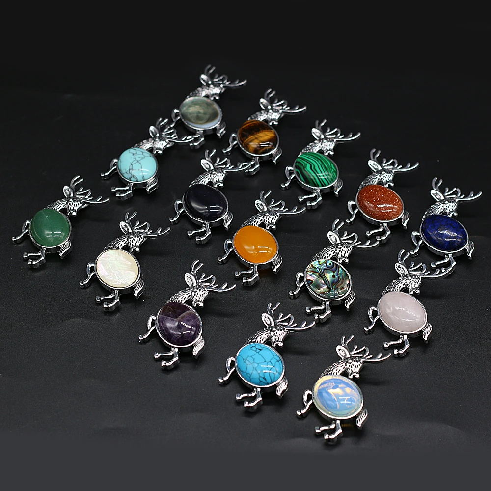 

Natural Stone Alloy Sika Deer Shape Brooch Pin Exquisite Agate Malachite Charms Brooch for Unisex Banquet Party Wear Use 45x55mm