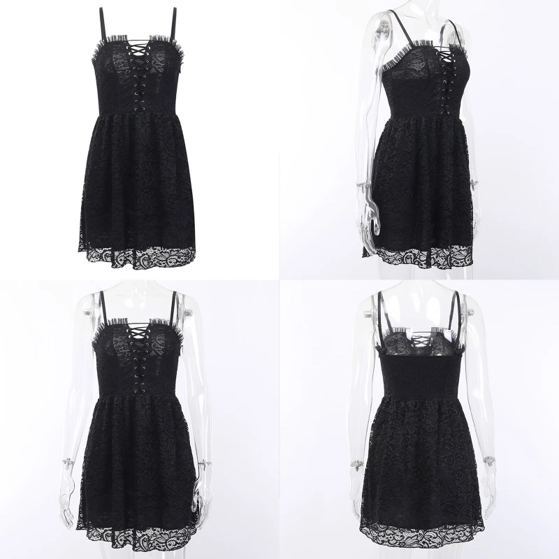 

Женское платье на бретельках-спагетти, черное платье-мини с оборками и цветочным кружевом, облегающее базовое платье с завышенной талией, в ...