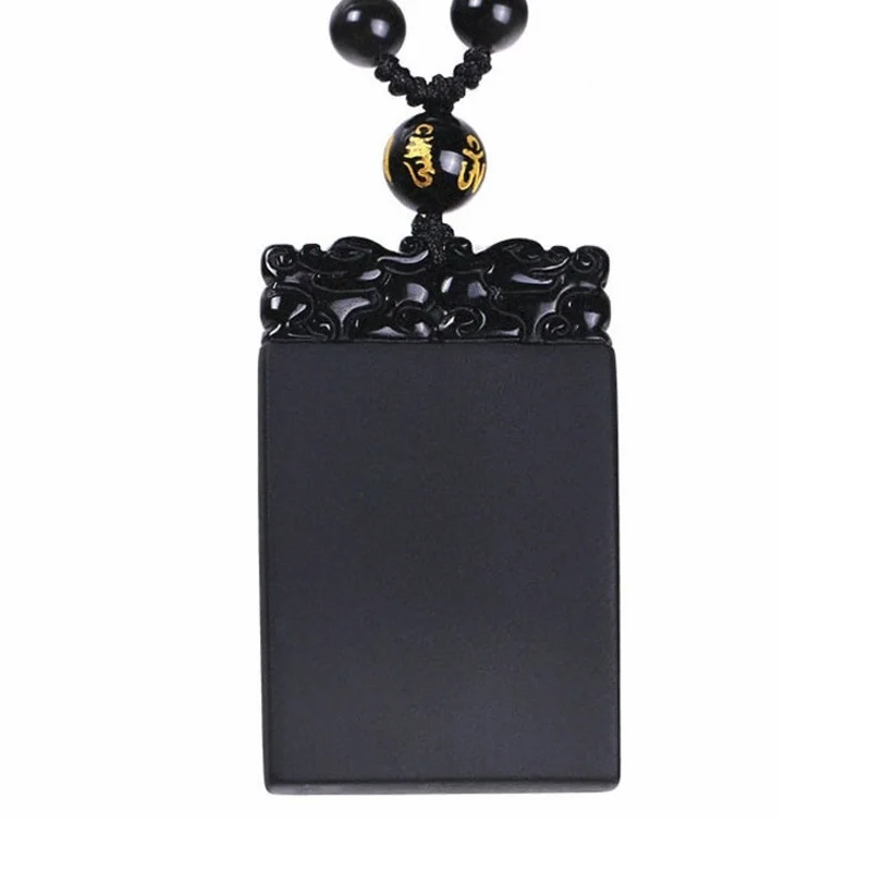 

free shipping Pure and natural obsidian pendant necklace men and women's crystal Rectangular pendant Good luck
