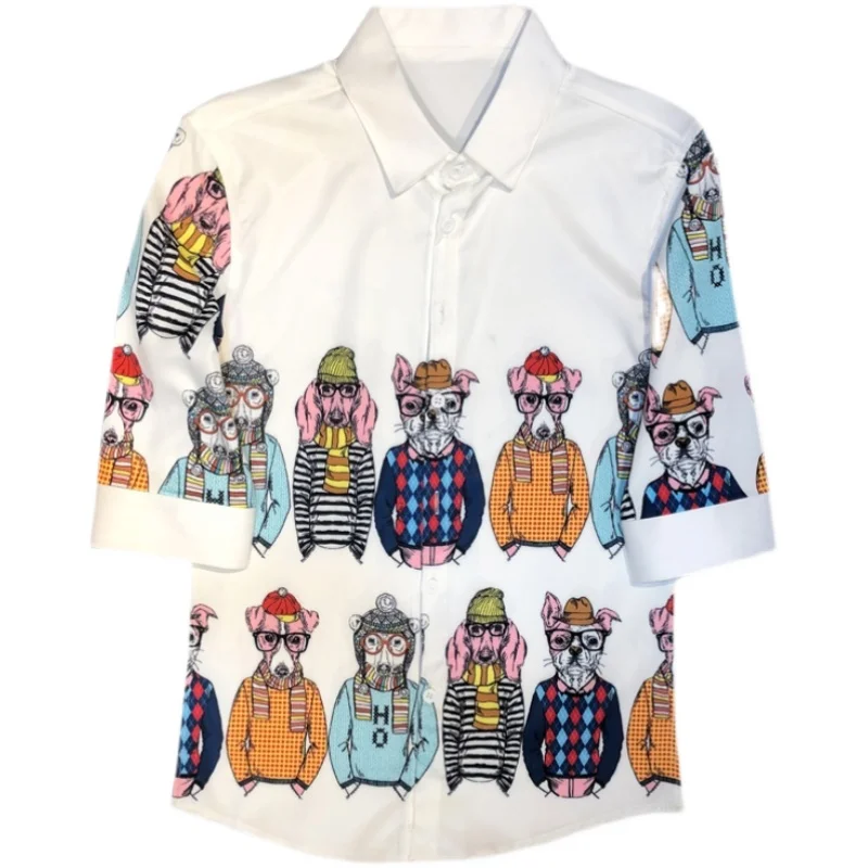 

Loldeal Men Shirt Half Sleeve Printing Business Casual Slim Polyester Button