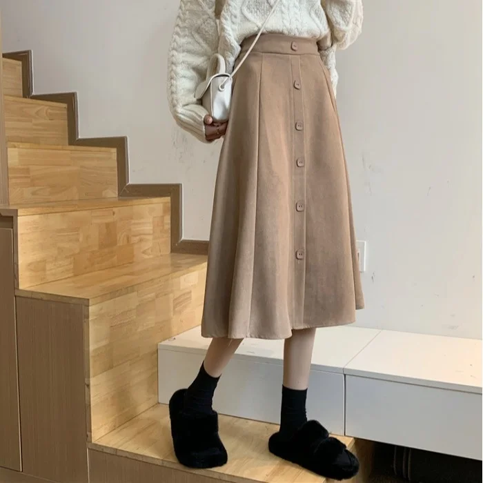 

CMAZ Woolen A- line Skirt Autumn and Winter Women's Mid-Length High Waist Autumn Winter Skirt Long Skirt Winter with Sweater