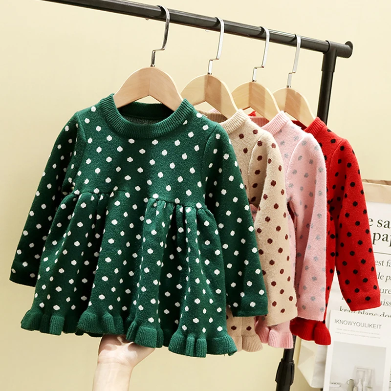 Зимняя одежда для маленьких девочек Платье Свитер Вязаное платье в горошек