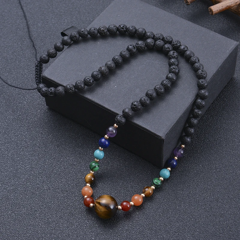 

HIYONG 6MM Chakra Stone Necklace Natural Lava Rock Beads Necklace Tiger Eye Stones Pendant Yoga Necklaces Women Trassel Jewelry