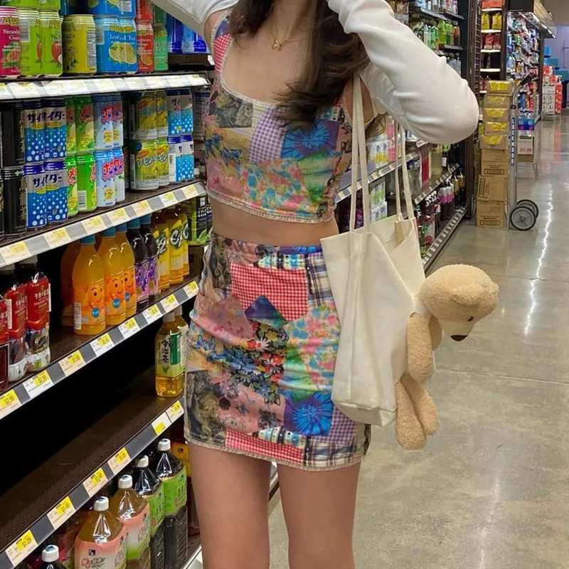 

90s ретро комплект с юбкой в стиле ретро, из кусков, с рисунком, в винтажном стиле, в стиле Харадзюку Y2K Лето Hipster Повседневная кружевная отделк...