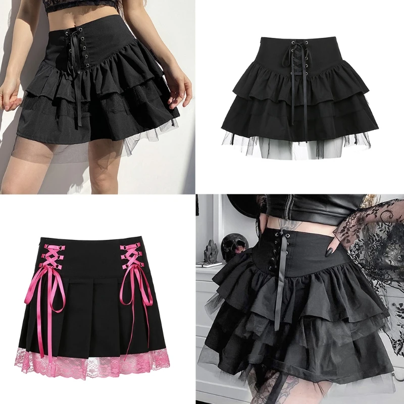 

Gothic Women Vintage Crisscross Lace-Up Pleated Mini Skater Skirt Dark Punk Style Mesh Patchwork A-Line Harajuku Club Party Stre