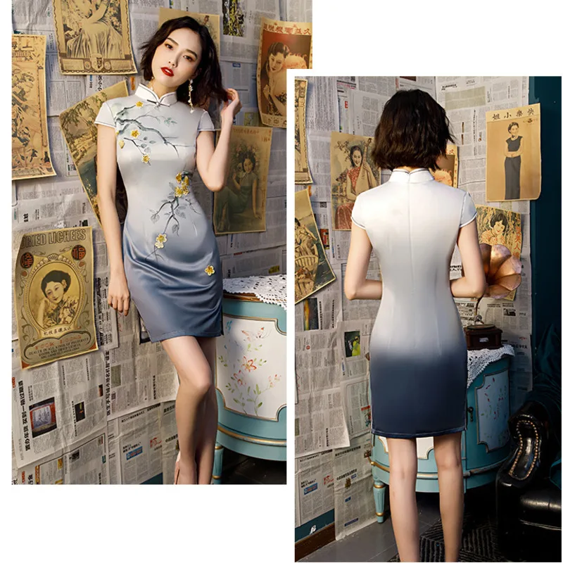 Sheng Coco градиент китайский Cheongsam короткие женские новые 3D Цветы Печать китайское платье Ципао Восточный стиль шелк Qi Pao