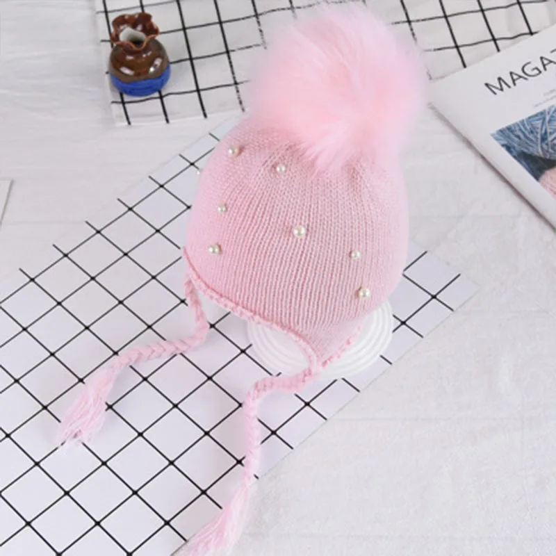 pink Бархатные серьги с меховым шаром, детские зимние шапки для девочек, детская шапка с ушками, теплая шапка со шнуровкой, Casquette Enfant, шапочка для новорожденного - Цвет: pink