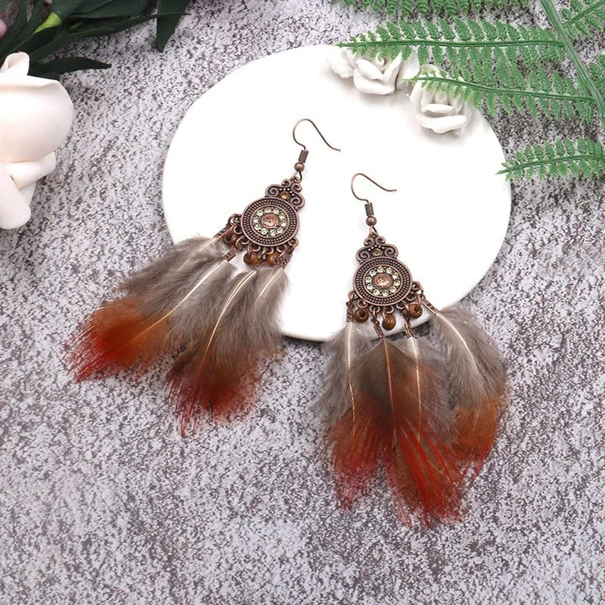 

New Fashion Personality Exotic Retro Style Refined Court Style Geometric Circle Multi-layer Feather Earrings