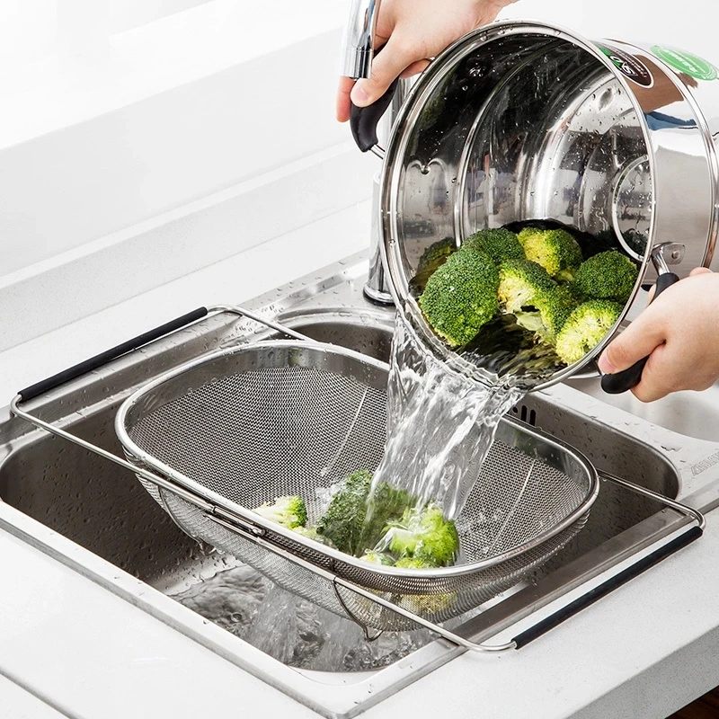 

Stainless Steel Strainer Mesh Micro-Perforated Colander Draining Washing Rinsing For Fruits Vegetables Retractable Dishes Washer