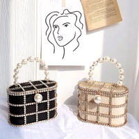 rhinestone basket evening clutch bag women designer hollow out pearl beaded metallic clutch purse fashion bucket handbag party