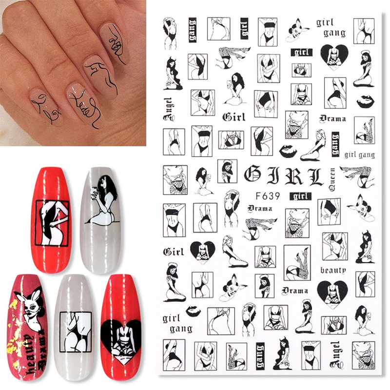 

1Pc Sexy Lady Shaped 3D Nail Stickers Character Face Image Leaves Flower Decals Slider Black White DIY Nail Art Decorarion