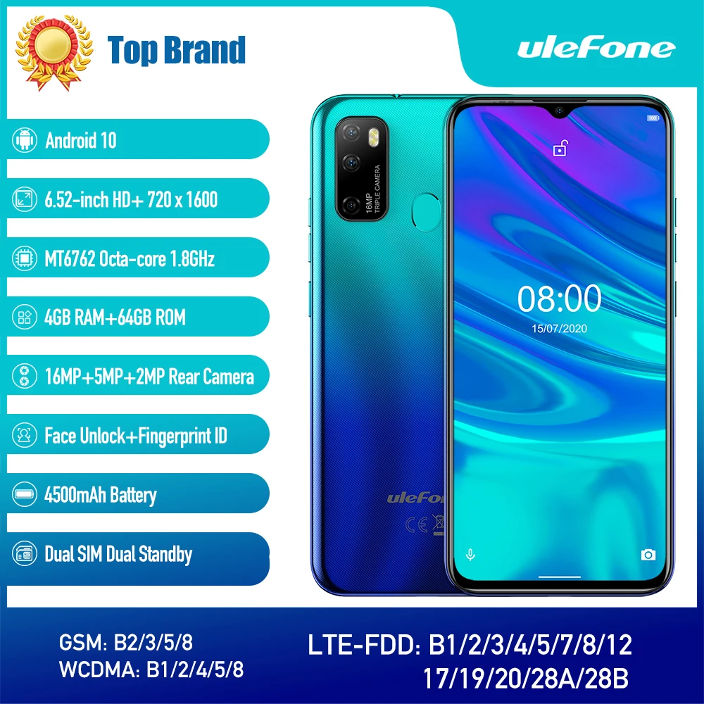 Ulefone Note 9P Smartphone Octa Core 4GB+64GB Android 10 Waterdrop Screen 6.52-inch 16MP Triple Camera OTG Face ID Mobile phone