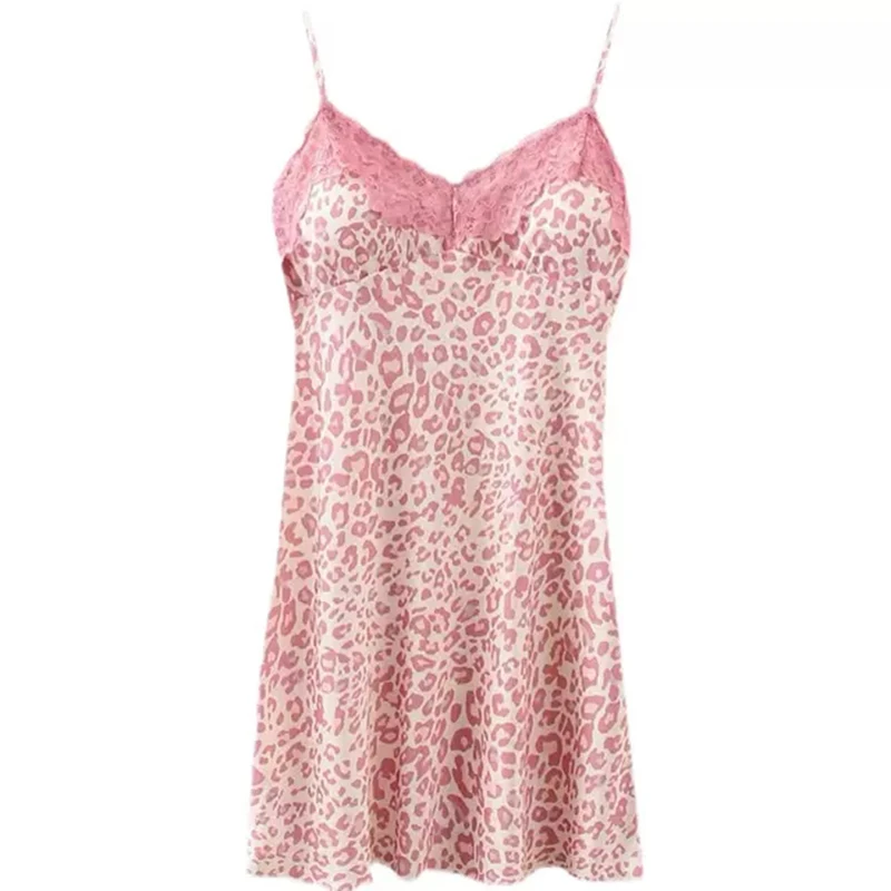 Sexy Mousse Sexy Pink Leopard Pajamas Nightdress Lace Suspender Skirt With Detachable Chest Pad Womens Home Clothes New