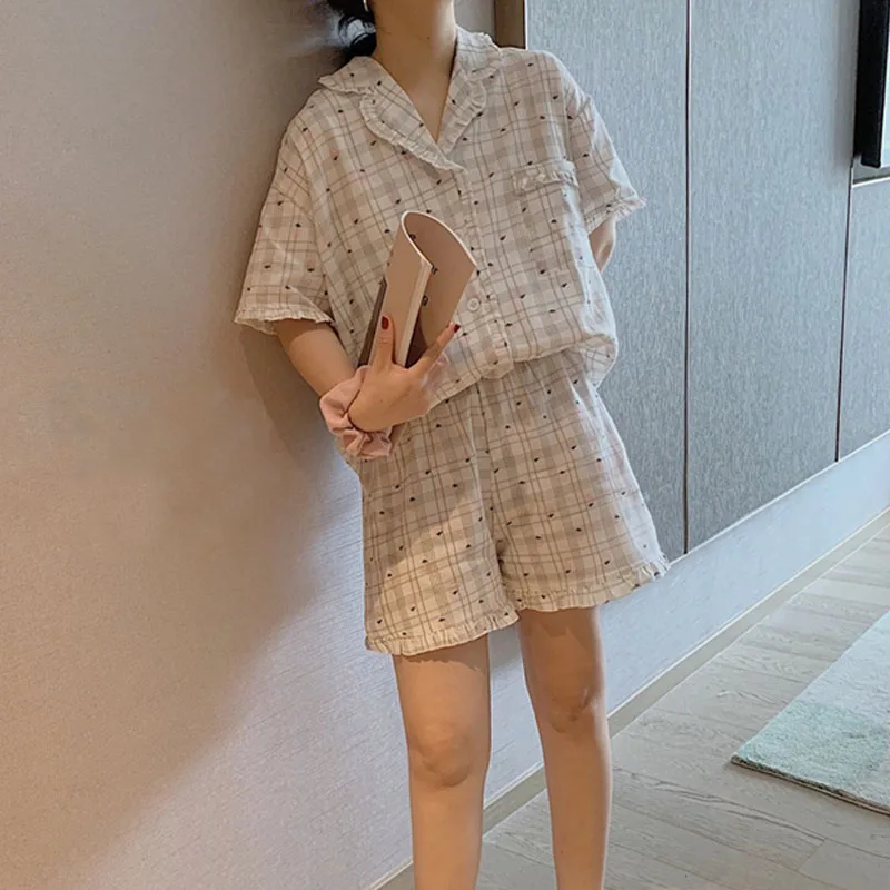 

Ruffles Plaid Pjs Sets Summer Women Strawberry Print Pajamas Set Short Sleeve Cotton Sleepwear Casual Home Clothes Pocket
