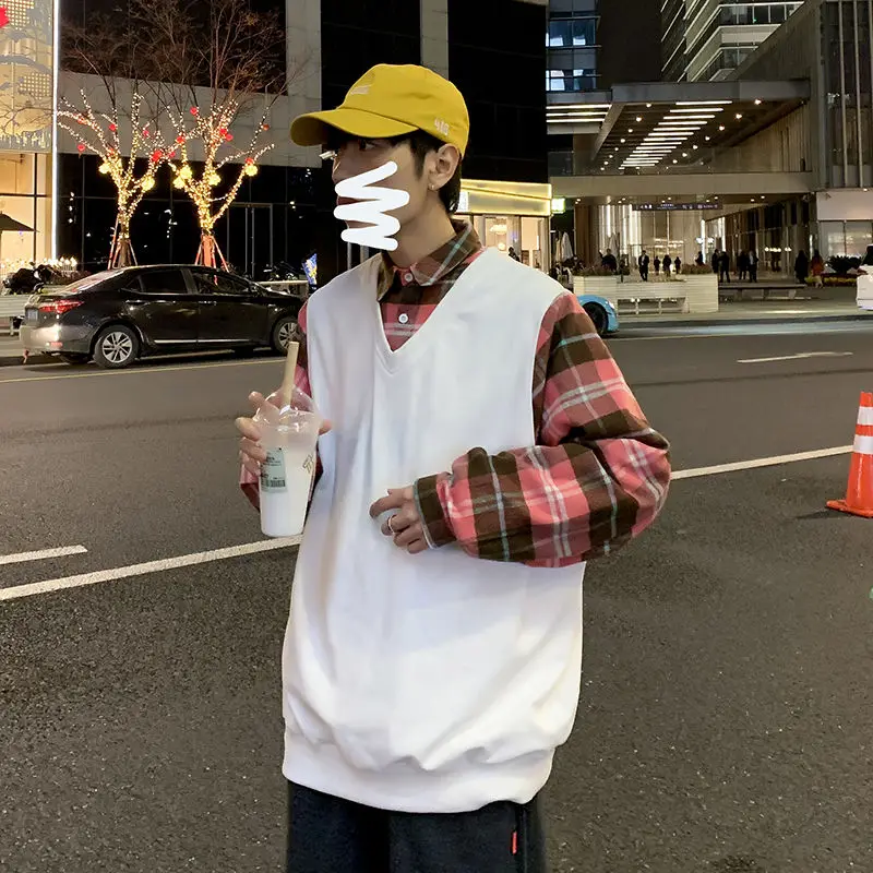 

Hoodie Men Korean Fashion Loose Casual Pullover Men Harajuku Streetwear Plus Size Hoodie Spring Plaid Stitching Fake Two-piece