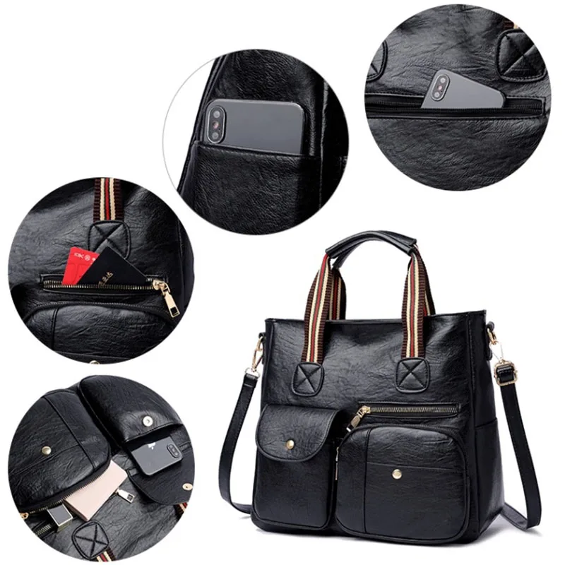 

2021 new PU leather handbag fashion soft leather retro Simple Shoulder Bag commuter Tote Bag