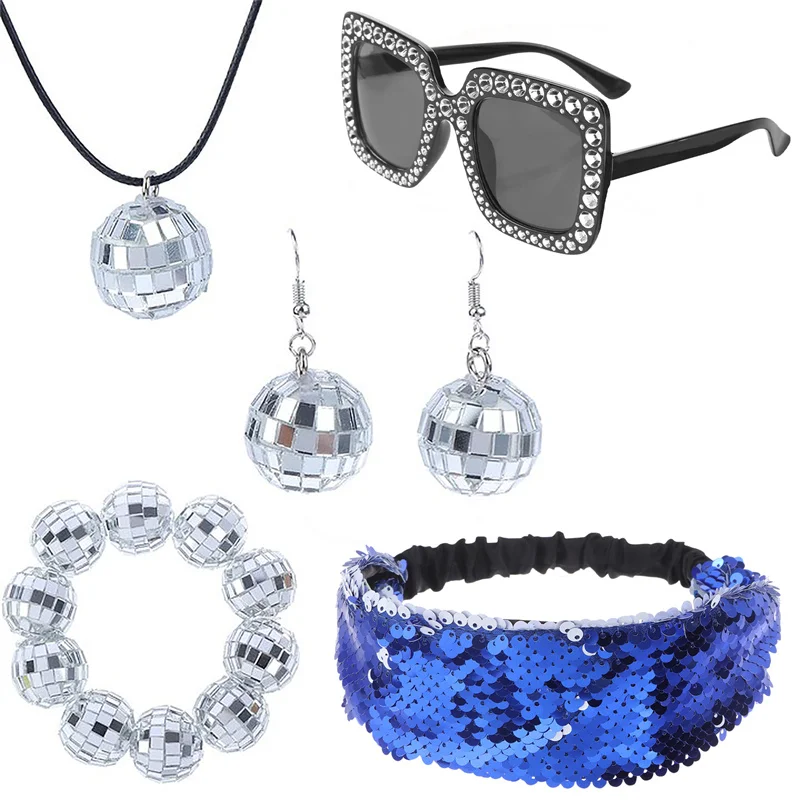 

1970s Disco Accessories Disco Set Ball Earrings Necklace Black Framed Sunglasses Bling Headband