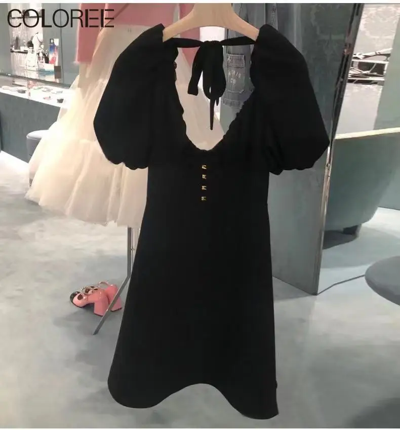 

Взлетно-посадочной полосы дизайнеры Черный вечерние платье для женщин 2021 летние пикантные в винтажном стиле, с буффами на рукавах с низким ...