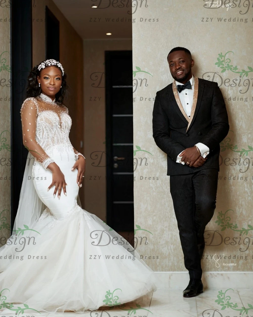 

С украшением в виде кристаллов Свадебные платья Русалочки с высоким воротом и длинными рукавами развертки Поезд Иллюзия бусины женское сва...