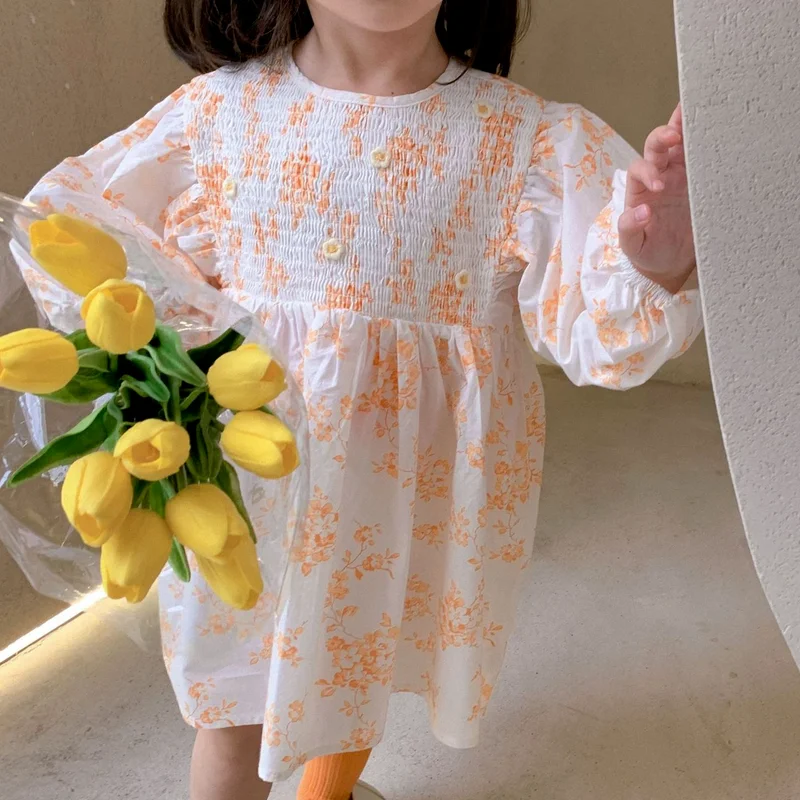 

Flower Girl Dresses 2022 Spring Kids Designer Clothes Children Midi Dresses Long Sleeve Floral Dress Summer Casual Dress