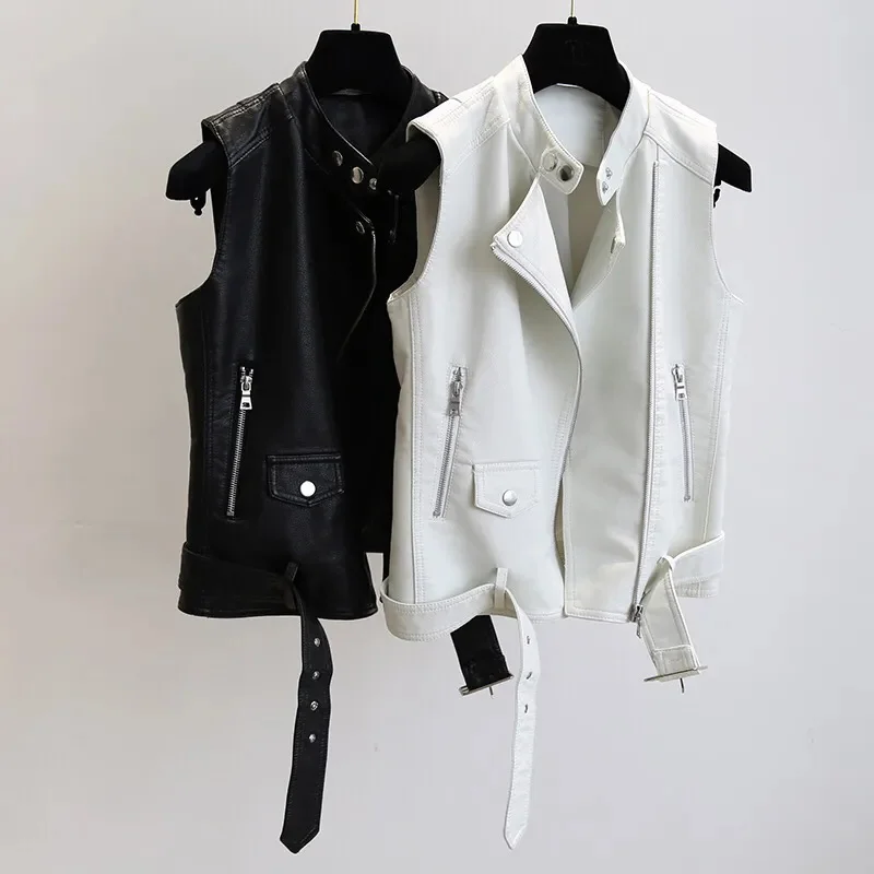 

Женский кожаный жилет, демисезонная новая кожаная куртка с стоячим воротником и поясом, теплая локомотивная безрукавка из искусственной ко...