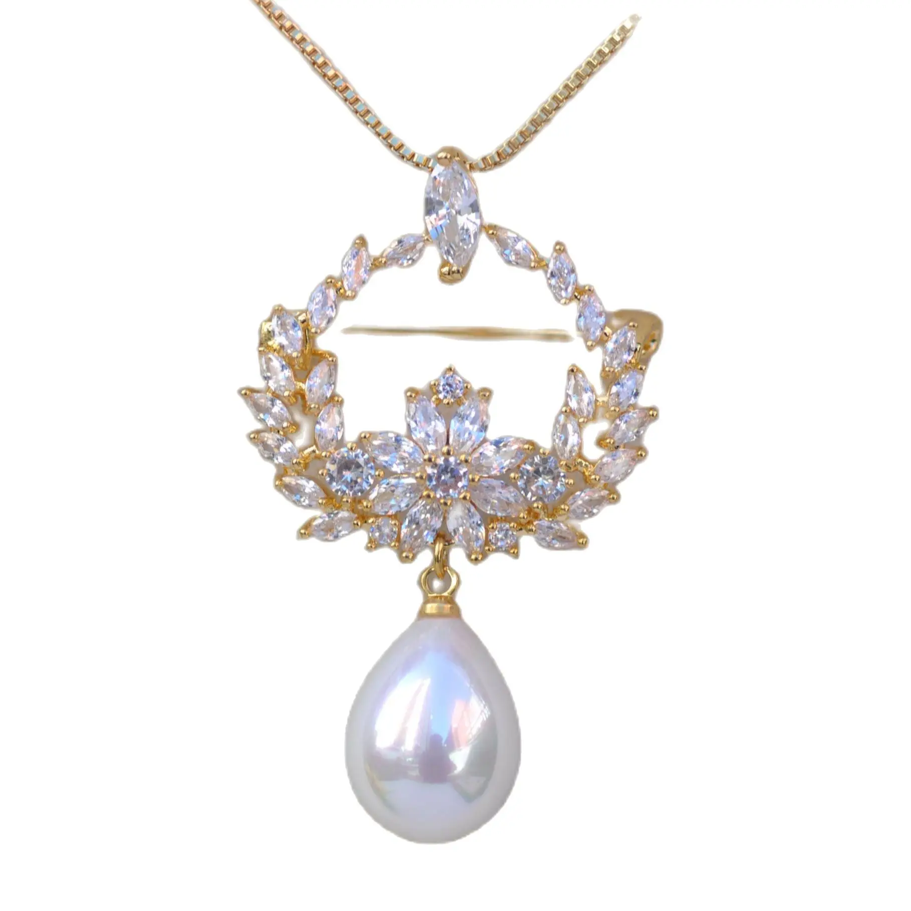 

Z11601 30mm White Drop Shell Pearl Crown CZ Brooch Pendant