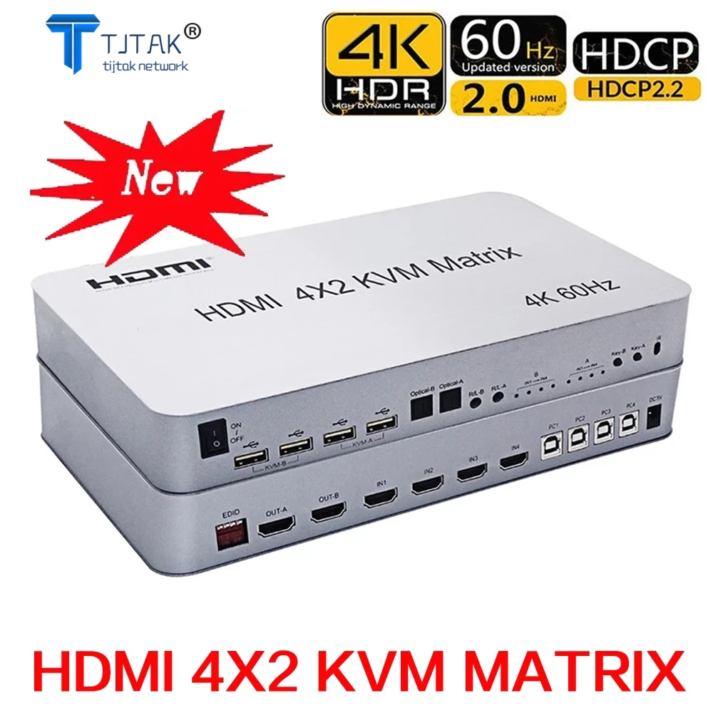 

HDMI 2.0 4x2 HDMI KVM Matrix Audio Video Switch Splitter Dual Display 4K 60hz Support 2 USB Mouse Keyboard Control 4 Computer PC