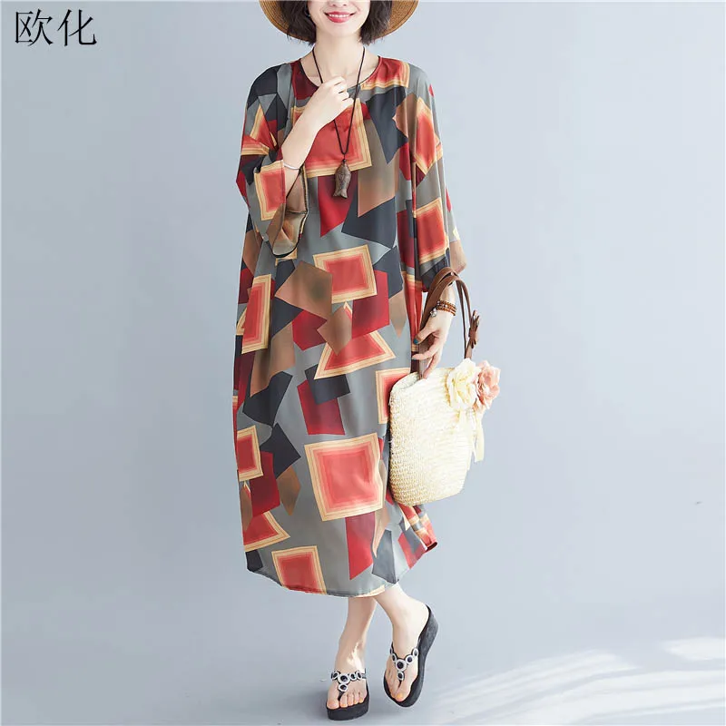 

Women Summer Dress Large Size Female Satin Vintage Plaid Maxi Holiday Dress Large Lady Loose Linen Long Dresses Vestidos 2020