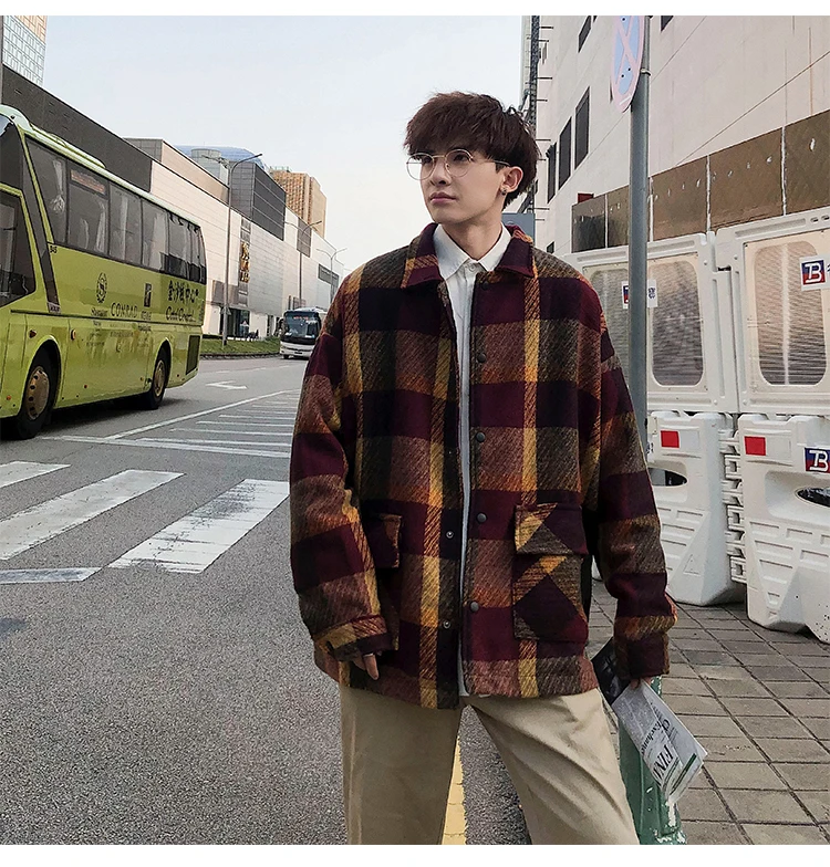 Fashion Mens woolen coat Red Khaki Loose plaid jacket Autumn Spring Winter