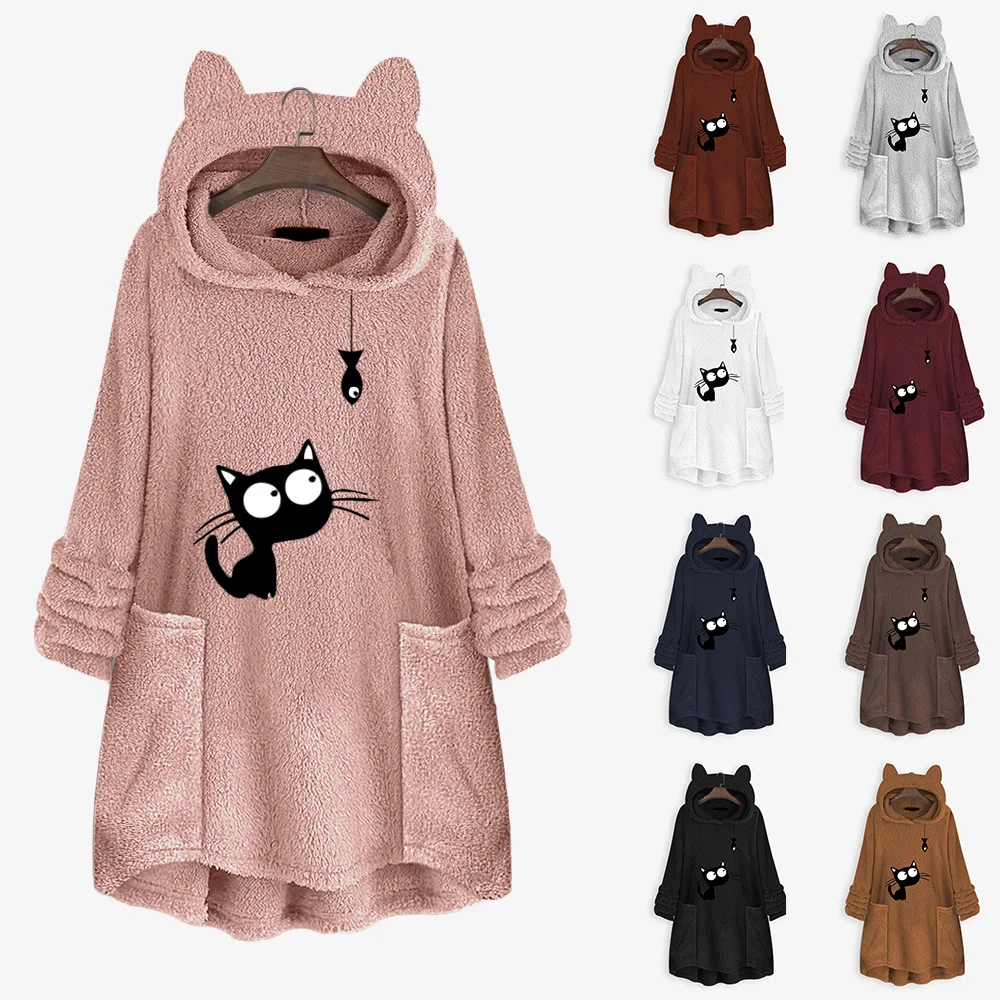 

European American Autumn Winter Hoody Pullover Fleece Midi Ladies Clothing Female Clothes Cute Cat Jacket Women's Coat Outerwear