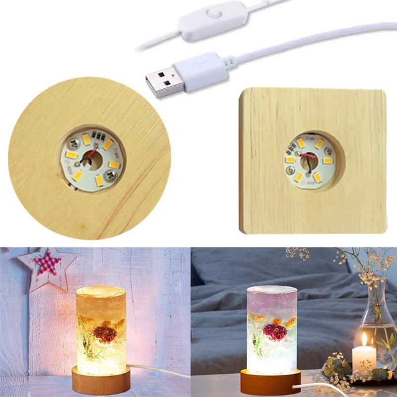 

2 Pcs Wood LED Light 3D Crystals Glass Resin Art Dispaly Base Handmade Ornaments Night Lamp Base Stand