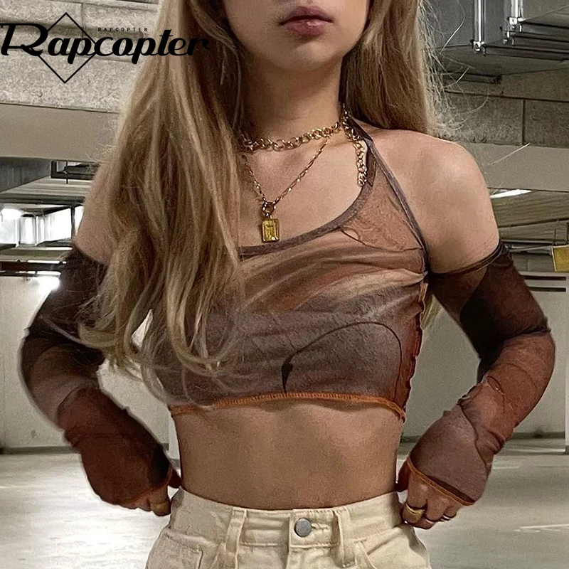 

Rapcopter Printed Brown Corset Top Vintage Crop Top Grunge Kawaii With Glove Fashion Sweats Women Summer Camis Korean Style Tee
