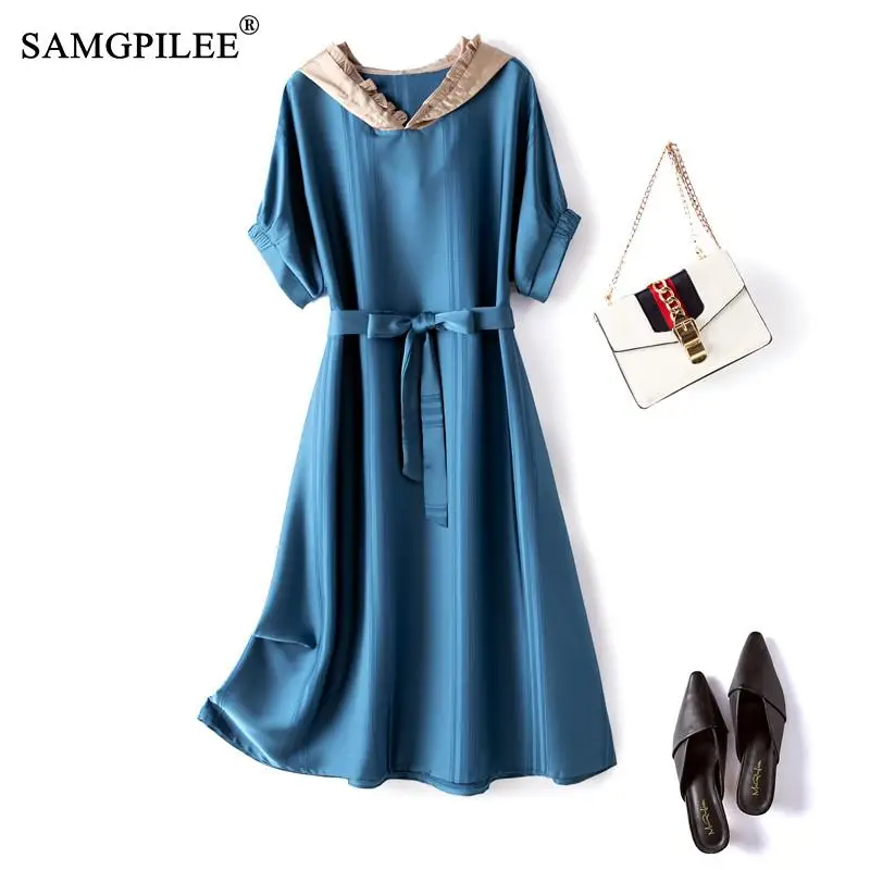 

Summer Clothes For Women 2021 New Fashion Acetate Satin Hooded Collar Elegant Raglan Short Sleeve Dresses With Belt Plus Size